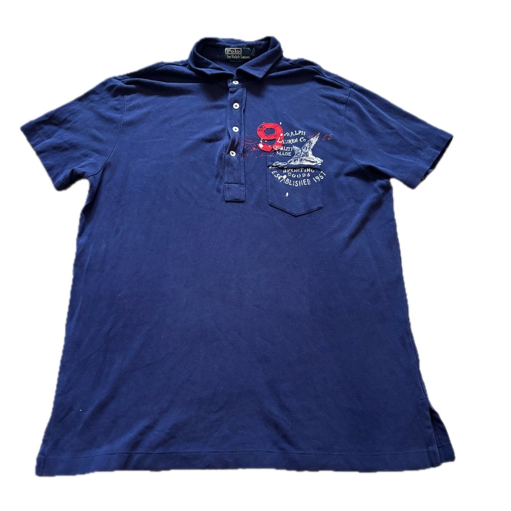 Polo Ralph Lauren Mens Custom Fit Duck Graphic Polo Shirt Navy Blue Size L